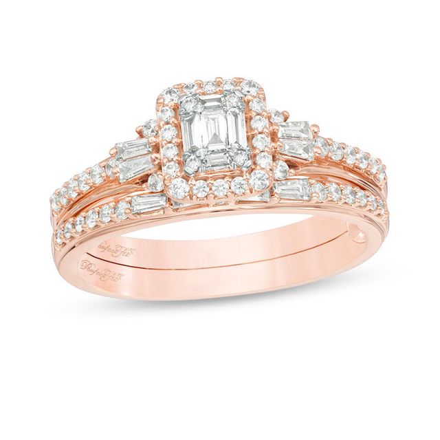 Perfect Fit 0.50 CT. T.W. Baguette and Round Diamond Frame Interlocking Bridal Set in 14K Rose Gold|Peoples Jewellers