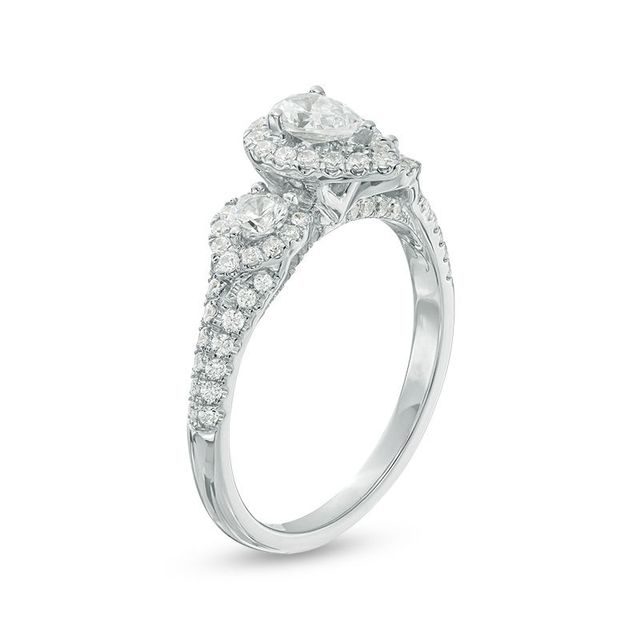 0.95 CT. T.W. Pear-Shaped Diamond Past Present Future® Frame Vintage-Style Engagement Ring in 14K White Gold