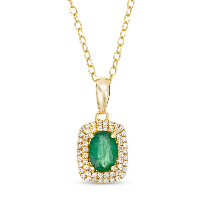 Oval Emerald and 0.15 CT. T.W. Diamond Double Cushion Frame Drop Pendant in 10K Gold|Peoples Jewellers