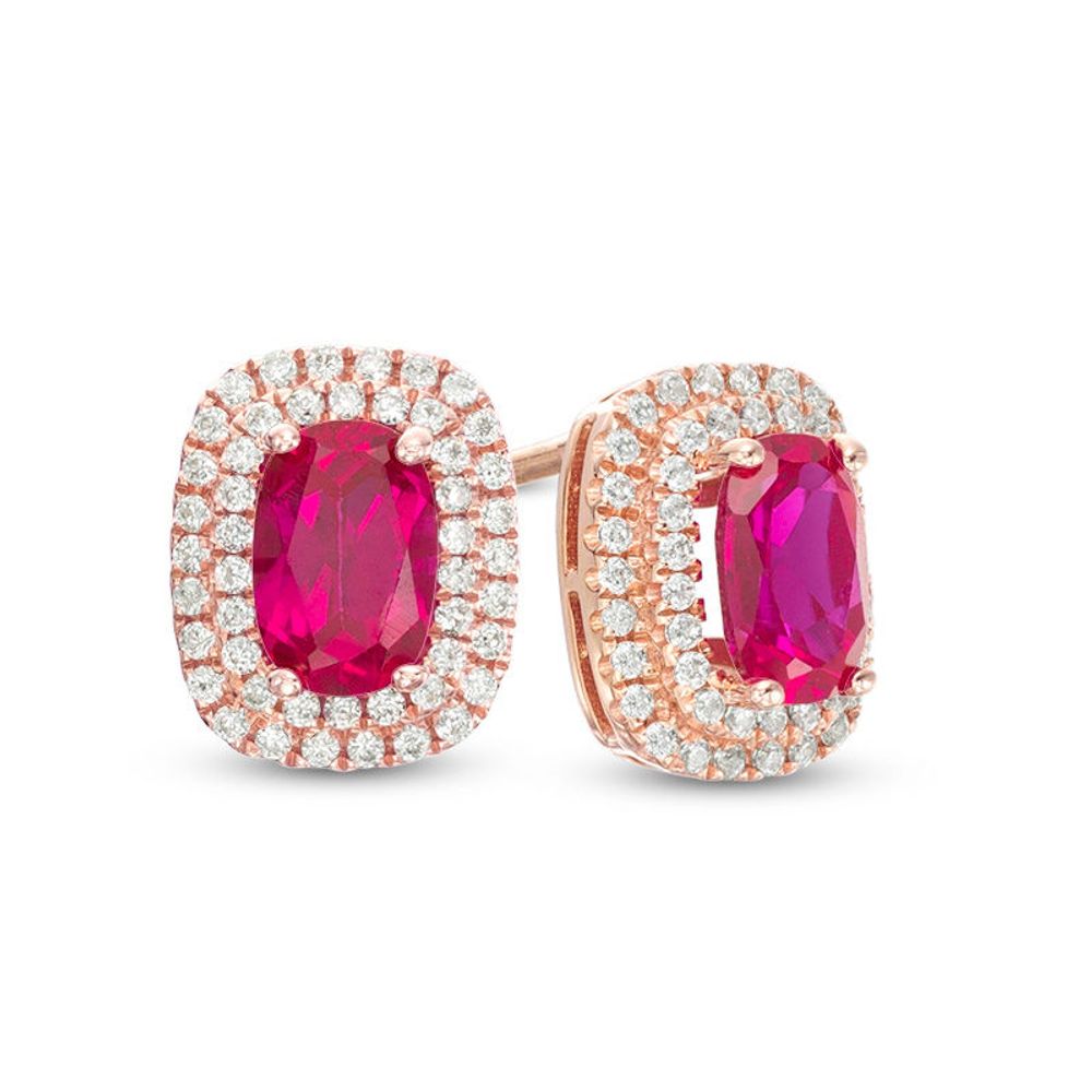 Oval Ruby and 0.23 CT. T.W. Diamond Double Cushion Frame Stud Earrings in 10K Rose Gold|Peoples Jewellers