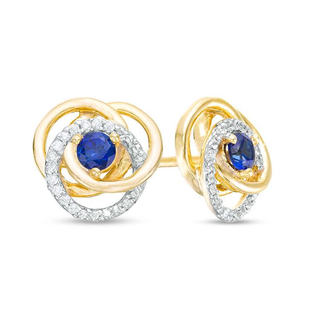 3.0mm Blue Sapphire and 0.07 CT. T.W. Diamond Love Knot Frame Stud Earrings in 10K Gold|Peoples Jewellers