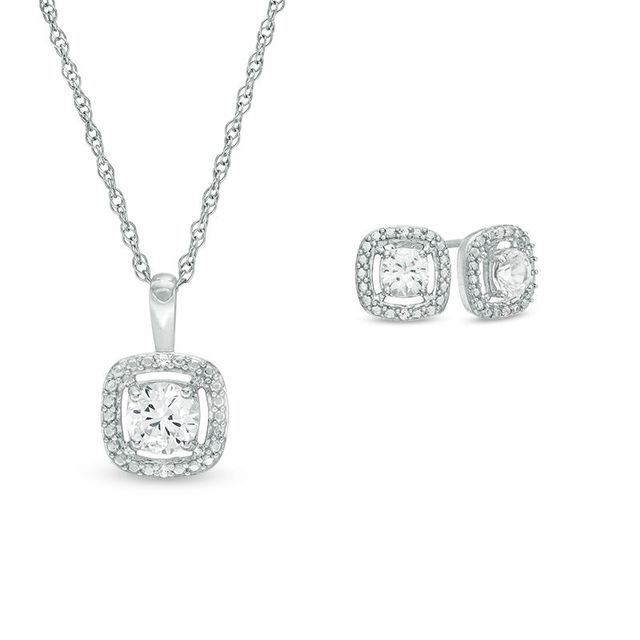 Lab-Created White Sapphire Cushion Frame Pendant and Stud Earrings Set in Sterling Silver|Peoples Jewellers