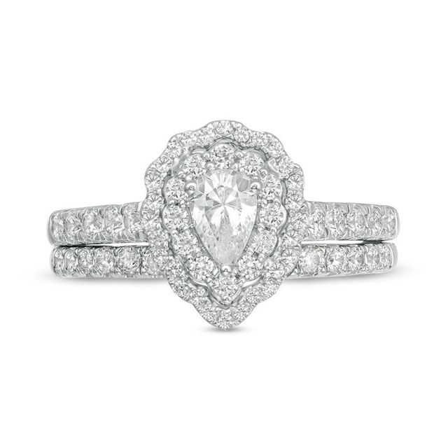 1.00 CT. T.W. Pear-Shaped Diamond Scallop Frame Bridal Set in 14K White Gold