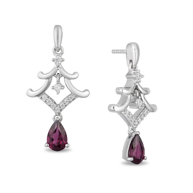 Enchanted Disney Mulan Pear-Shaped Garnet and 0.085 CT. T.W. Diamond Pagoda Drop Earrings in Sterling Silver|Peoples Jewellers