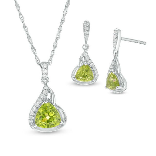 Trillion-Cut Peridot and Lab-Created White Sapphire Flame Pendant and Drop Earrings Set in Sterling Silver|Peoples Jewellers