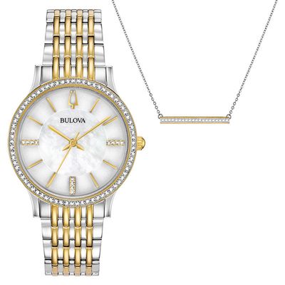 Ladies' Bulova Crystal Accent Two-Tone Watch and Necklace Boxed Set (Model: 98X118)|Peoples Jewellers