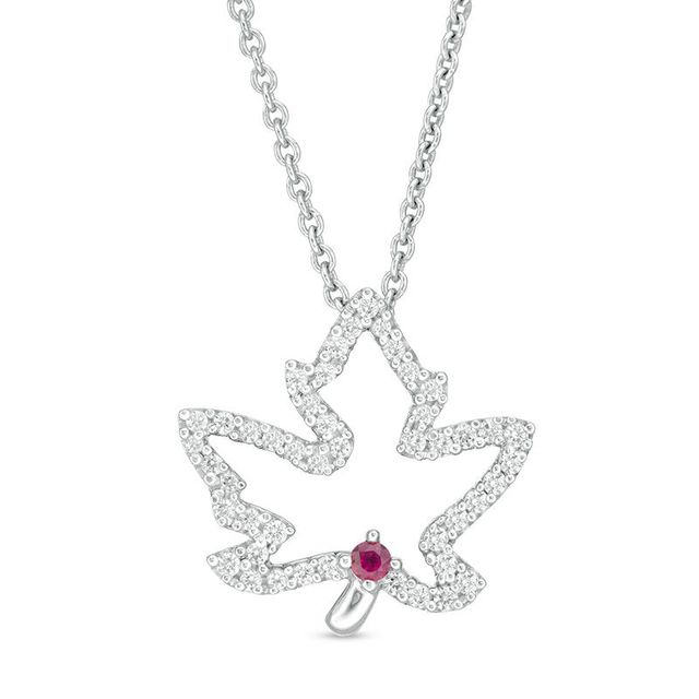 Peoples 100-Year Anniversary Ruby and 0.18 CT. T.W. Diamond Maple Leaf Pendant in Sterling Silver|Peoples Jewellers