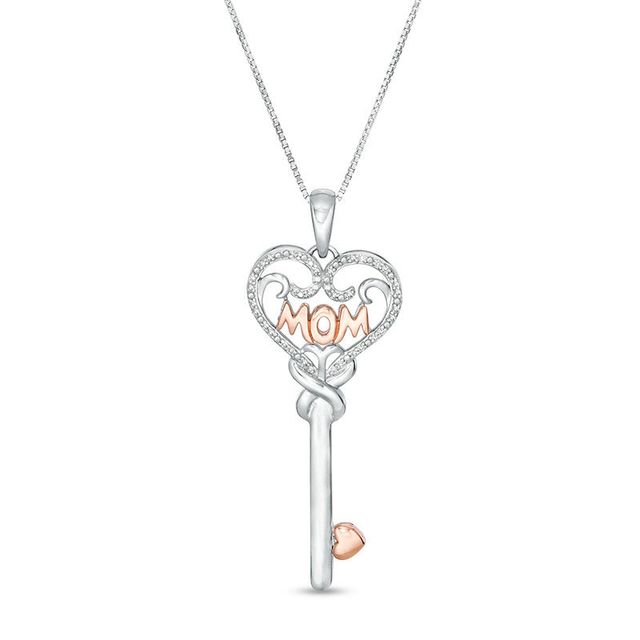 0.09 CT. T.W. Diamond "MOM" Heart-Top Key Pendant in Sterling Silver and 10K Rose Gold