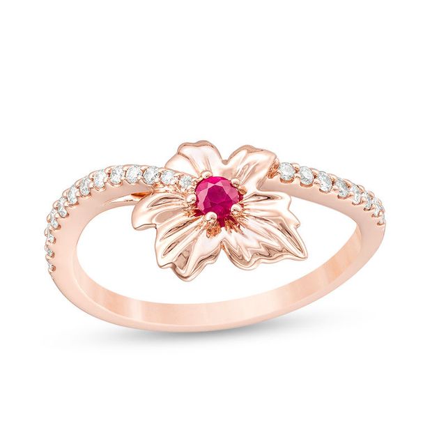 Peoples 100-Year Anniversary Ruby and 0.145 CT. T.W. Diamond Maple Leaf Ring in 14K Rose Gold|Peoples Jewellers