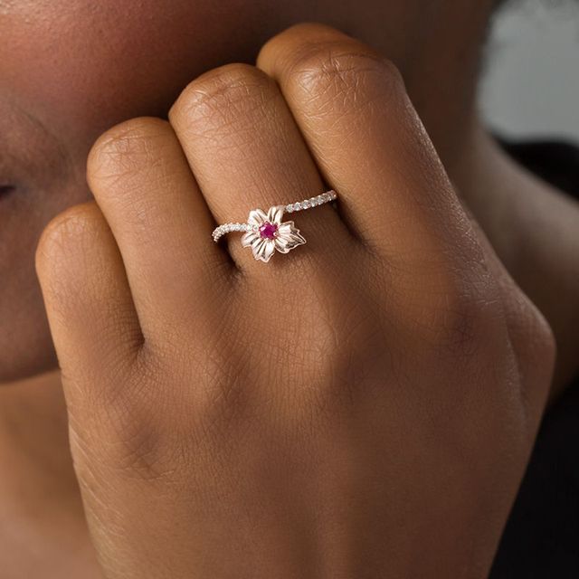 Peoples 100-Year Anniversary Ruby and 0.145 CT. T.W. Diamond Maple Leaf Ring in 14K Rose Gold|Peoples Jewellers