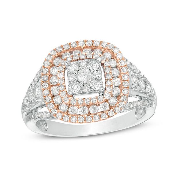 1.00 CT. T.W. Composite Diamond Triple Cushion Frame Ring in 10K Two-Tone Gold