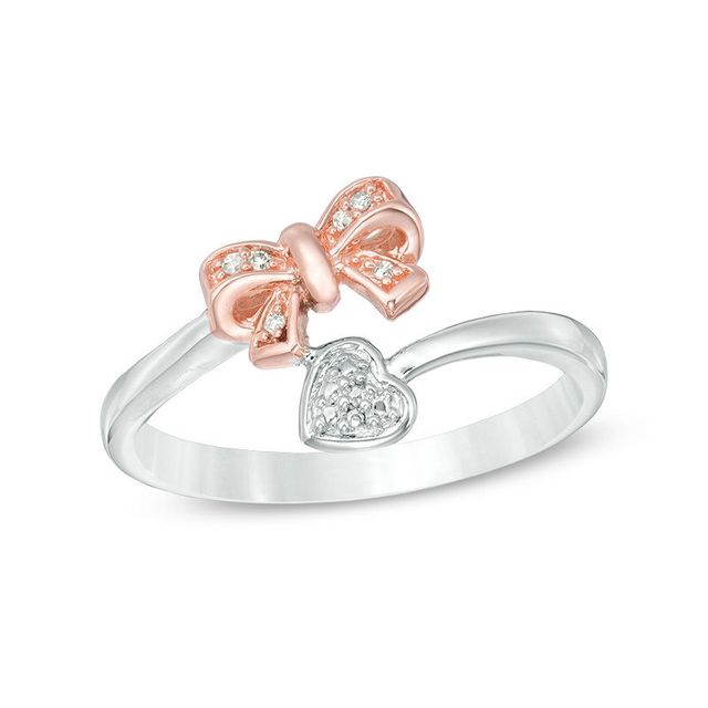 Diamond Accent Heart and Bow Bypass Wrap Ring in Sterling Silver and 10K Rose Gold|Peoples Jewellers