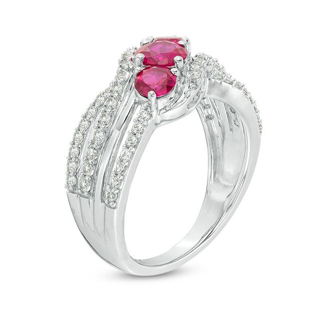 Lab-Created Ruby and White Sapphire Slanted Three Stone Ring in Sterling Silver|Peoples Jewellers