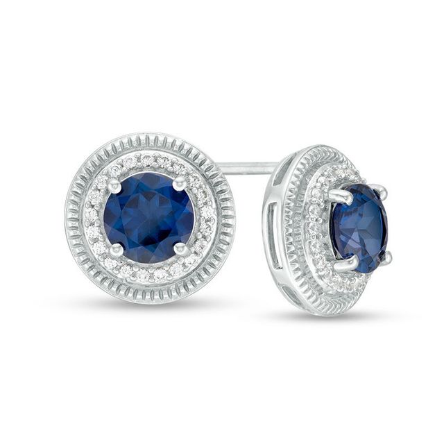 6.0mm Lab-Created Ceylon Blue and White Sapphire Frame Stud Earrings in Sterling Silver