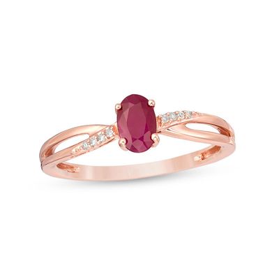 Oval Ruby and Diamond Accent Crossover Split Shank Ring in 10K Rose Gold|Peoples Jewellers