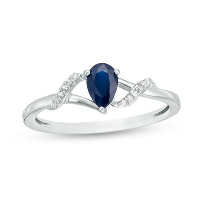 Pear-Shaped Blue Sapphire and Diamond Accent Split Shank Ring in 10K White Gold|Peoples Jewellers