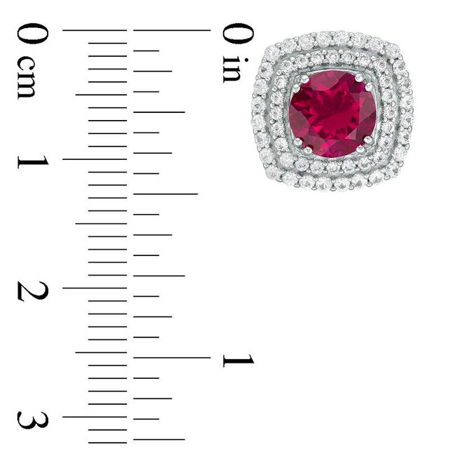 7.0mm Lab-Created Ruby and White Sapphire Cushion-Shaped Double Frame Stud Earrings in Sterling Silver