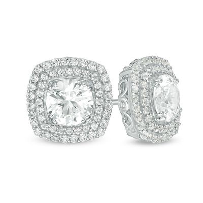 7.0mm Lab-Created White Sapphire Cushion-Shaped Double Frame Stud Earrings in Sterling Silver|Peoples Jewellers