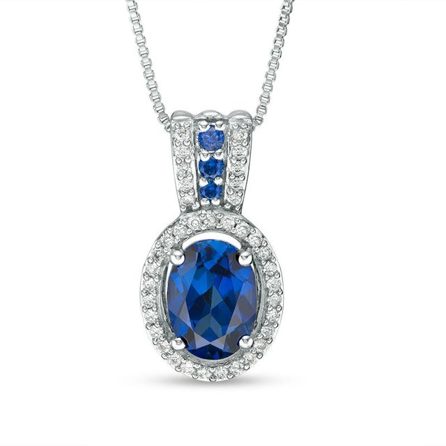 Oval Lab-Created Blue Ceylon and White Sapphire Frame Pendant in Sterling Silver|Peoples Jewellers