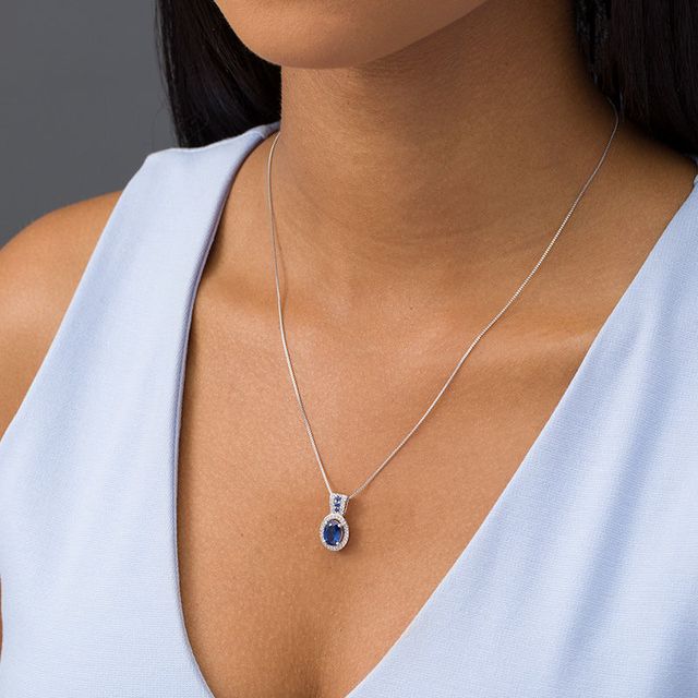 Oval Lab-Created Blue Ceylon and White Sapphire Frame Pendant in Sterling Silver|Peoples Jewellers