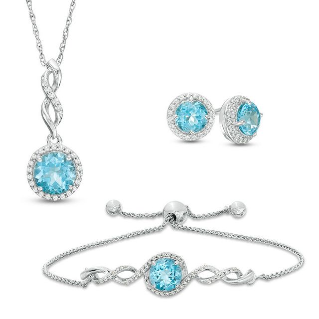Swiss Blue Topaz and Lab-Created White Sapphire Three Piece Set in Sterling Silver|Peoples Jewellers