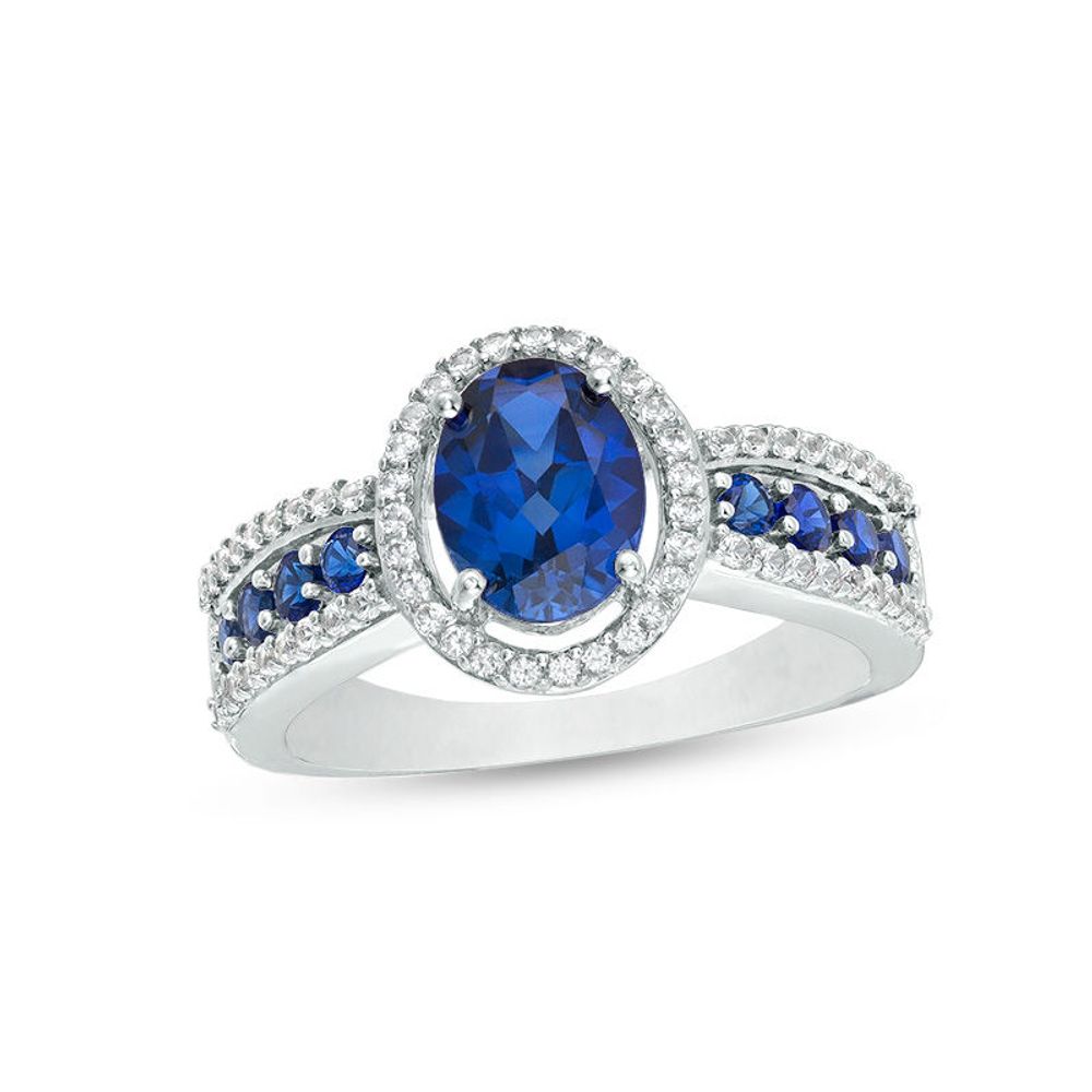 Oval Lab-Created Blue Ceylon and White Sapphire Frame Ring in Sterling Silver|Peoples Jewellers