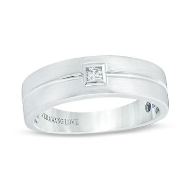 Vera Wang Love Collection Men’s 0.07 CT. Square Diamond Solitaire Centre Groove Wedding Band in 14K White Gold|Peoples Jewellers