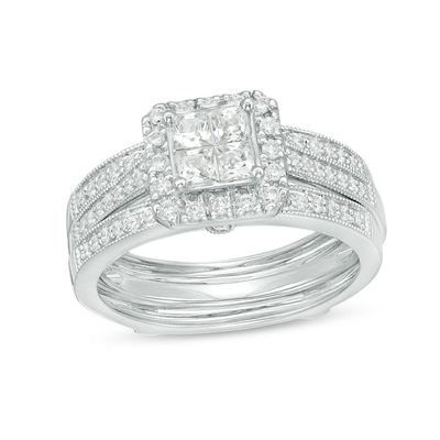 0.75 CT. T.W. Quad Princess-Cut Diamond Frame Vintage-Style Bridal Set in 10K White Gold|Peoples Jewellers