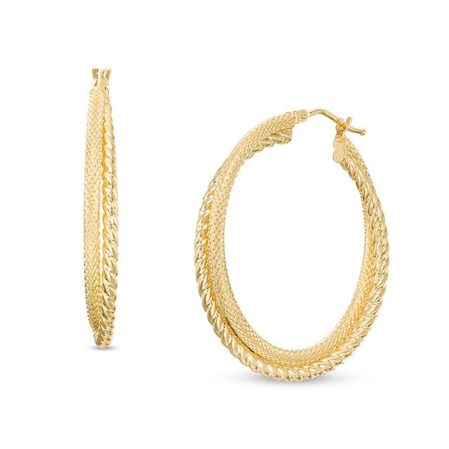 Italian Gold 30.0mm Diamond-Cut and Ribbed Hoop Earrings in 14K Gold|Peoples Jewellers