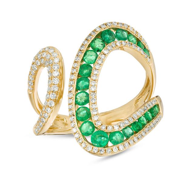 EFFY™ Collection Emerald and 0.43 CT. T.W. Diamond Open Loop Shank Wrap Ring in 14K Gold|Peoples Jewellers