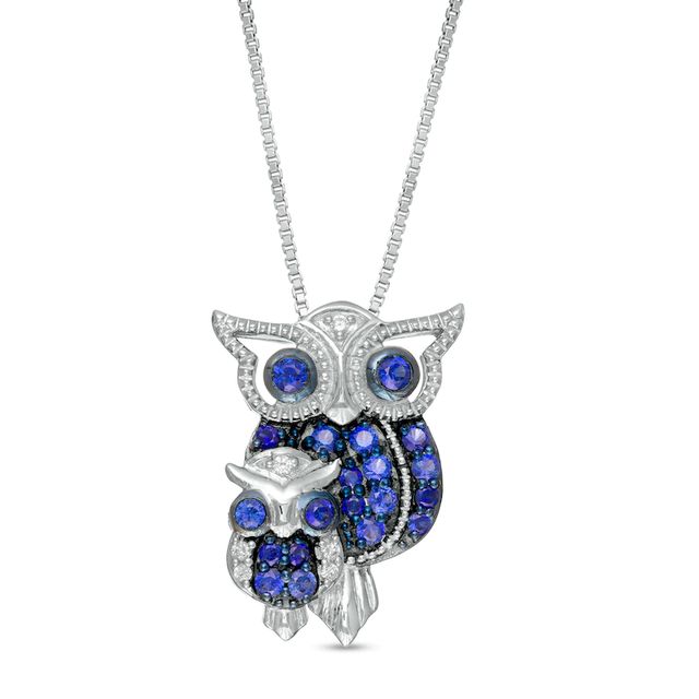 Lab-Created Blue and White Sapphire Beaded Motherly Love Owl Pendant in Sterling Silver|Peoples Jewellers