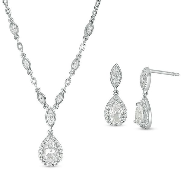 Pear-Shaped Lab-Created White Sapphire Vintage-Style Necklace and Drop Earrings Set in Sterling Silver|Peoples Jewellers