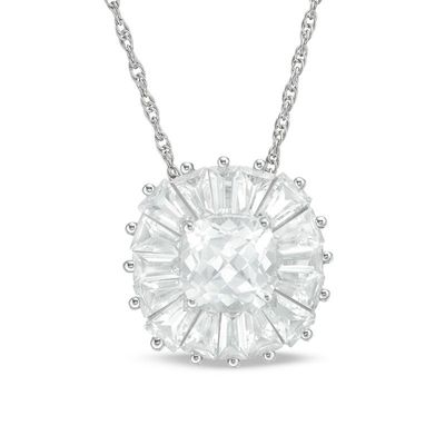 6.0mm Cushion-Cut Lab-Created White Sapphire Sunburst Frame Pendant in Sterling Silver|Peoples Jewellers