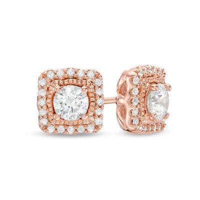 0.63 CT. T.W. Certified Canadian Diamond Cushion Frame Vintage-Style Stud Earrings in 10K Rose Gold (I/I1)|Peoples Jewellers