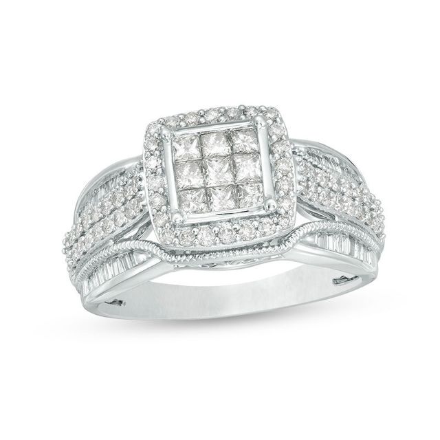 1.00 CT. T.W. Princess-Cut Composite Diamond Frame Multi-Row Vintage-Style Engagement Ring in 14K White Gold