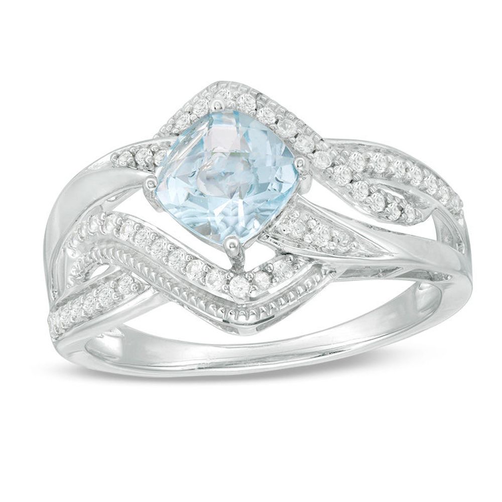 6.0mm Cushion-Cut Sky Blue Topaz and Lab-Created White Sapphire Bypass Ring in Sterling Silver|Peoples Jewellers