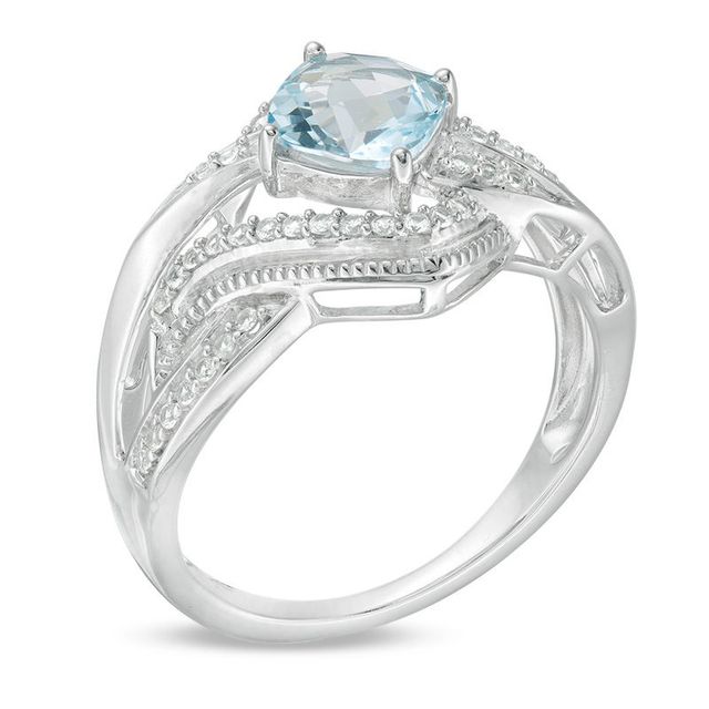 6.0mm Cushion-Cut Sky Blue Topaz and Lab-Created White Sapphire Bypass Ring in Sterling Silver|Peoples Jewellers