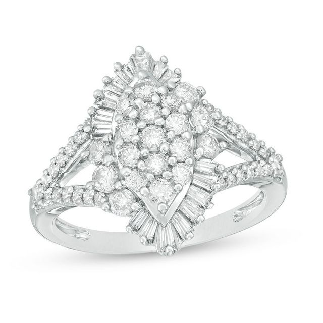 1.00 CT. T.W. Composite Diamond Marquise Sunburst Frame Ring in 10K White Gold