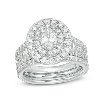 2.50 CT. T.W. Certified Canadian Oval Diamond Frame Multi-Row Bridal Set in 14K White Gold (I/SI2)|Peoples Jewellers