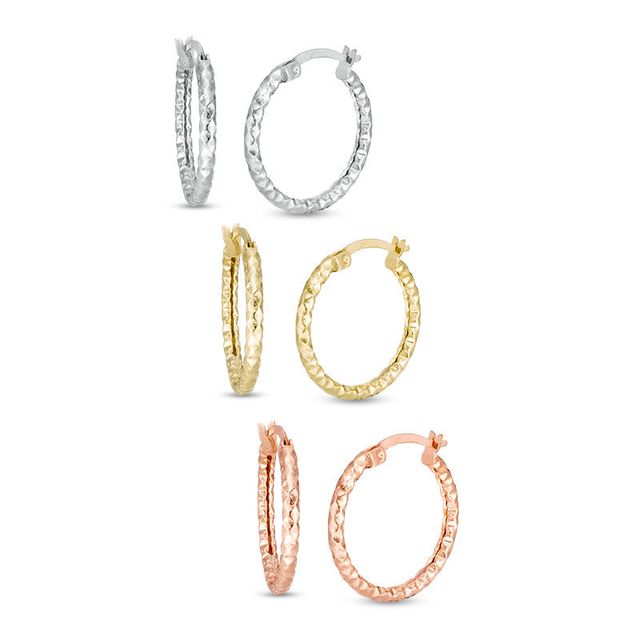 Diamond-Cut Three Hoop Earrings Set in 10K Tri-Tone Gold|Peoples Jewellers
