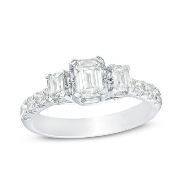 1.50 CT. T.W. Certified Emerald-Cut Diamond Past Present Future® Engagement Ring in 14K White Gold (I/SI2)|Peoples Jewellers
