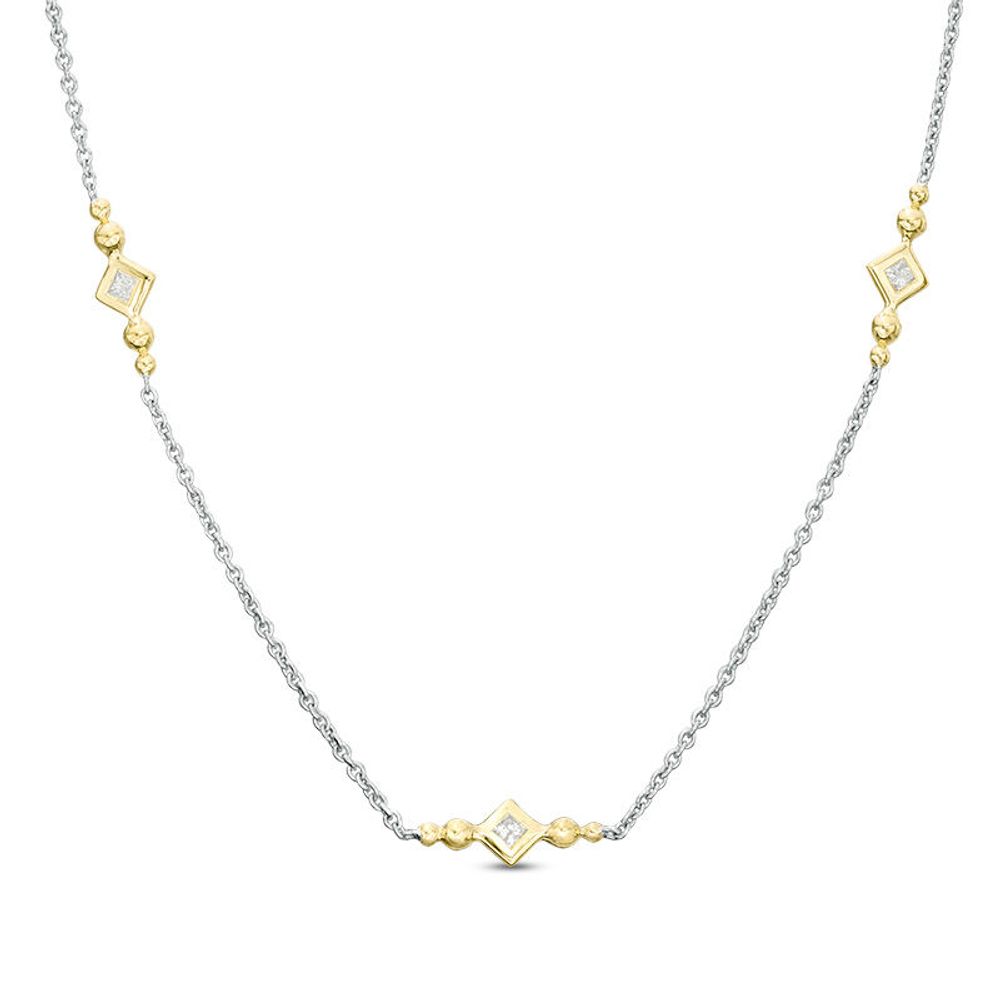 0.23 CT. T.W. Princess-Cut Diamond and Bead Station Necklace in 10K Two-Tone Gold|Peoples Jewellers