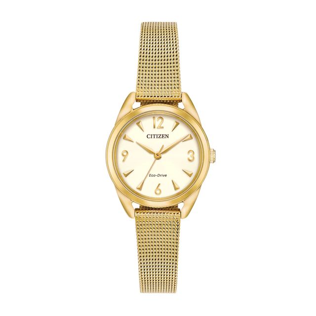 Ladies' Drive from Citizen Eco-Drive® LTR Gold-Tone Mesh Watch with Champagne Dial (Model: EM0682-58P)