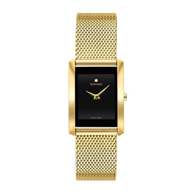 Ladies' Movado La Nouvelle Gold-Tone PVD Mesh Watch with Rectangular Black Dial (Model: 0607189)|Peoples Jewellers