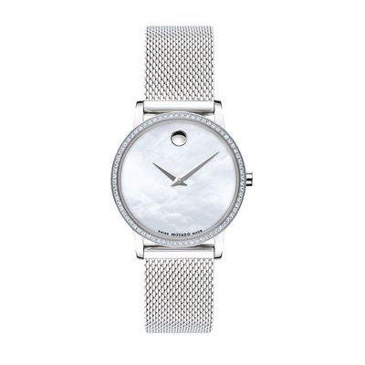 Ladies' Movado Museum® Classic 0.22 CT. T.W. Diamond Mesh Watch with White Mother-of-Pearl Dial (Model: 0607306)|Peoples Jewellers