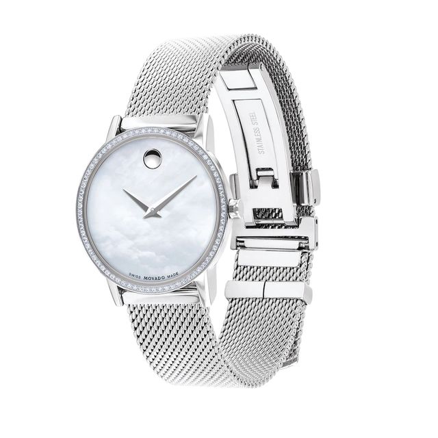 Ladies' Movado Museum® Classic 0.22 CT. T.W. Diamond Mesh Watch with White Mother-of-Pearl Dial (Model: 0607306)|Peoples Jewellers