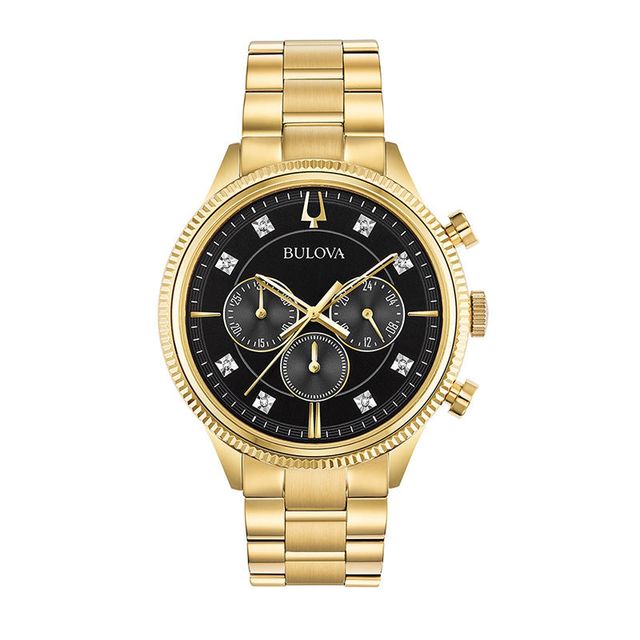 Men's Bulova Diamond Accent Gold-Tone Chronograph Watch with Black Dial (Model: 97D119)|Peoples Jewellers