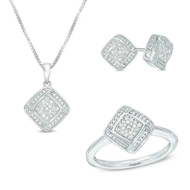 0.17 CT. T.W. Composite Diamond Cushion Weave Frame Pendant, Stud Earrings and Ring Set in Sterling Silver - Size 7|Peoples Jewellers