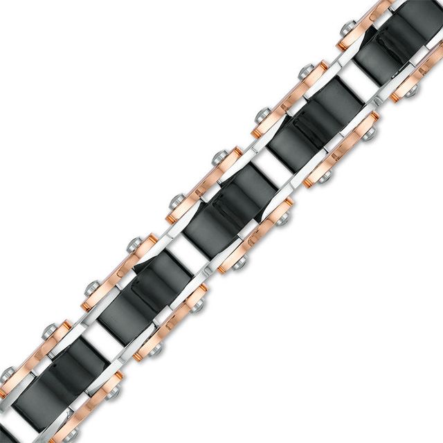 Men's Triple Row Rectangle Link Bracelet in Stainless Steel and Black and Rose IP - 8.5"|Peoples Jewellers