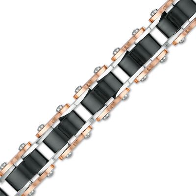 Men's Triple Row Rectangle Link Bracelet in Stainless Steel and Black and Rose IP - 8.5"|Peoples Jewellers